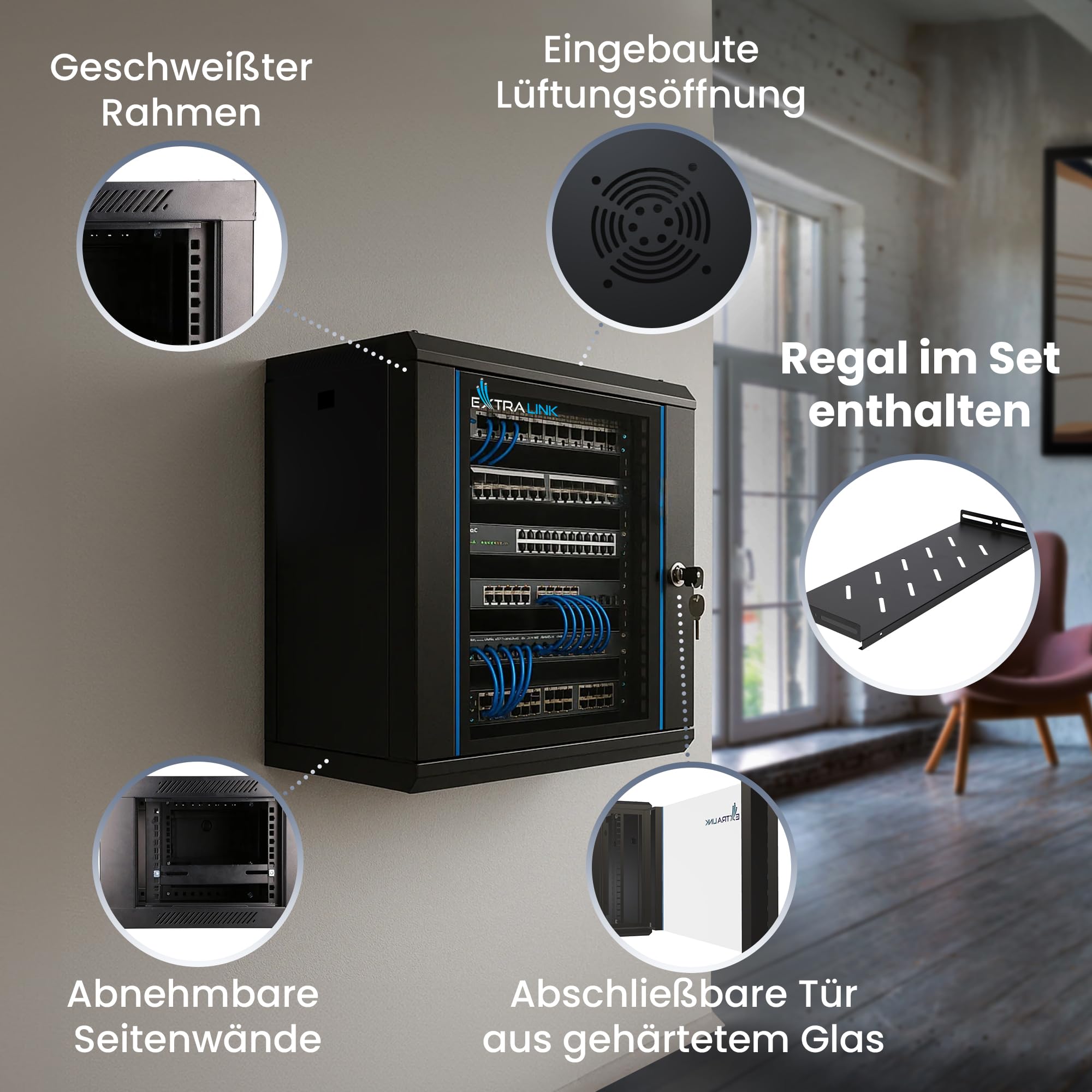 extralink-9u-netzwerkschrank-19-zoll-400mm-schwarz-mit-regal image 2