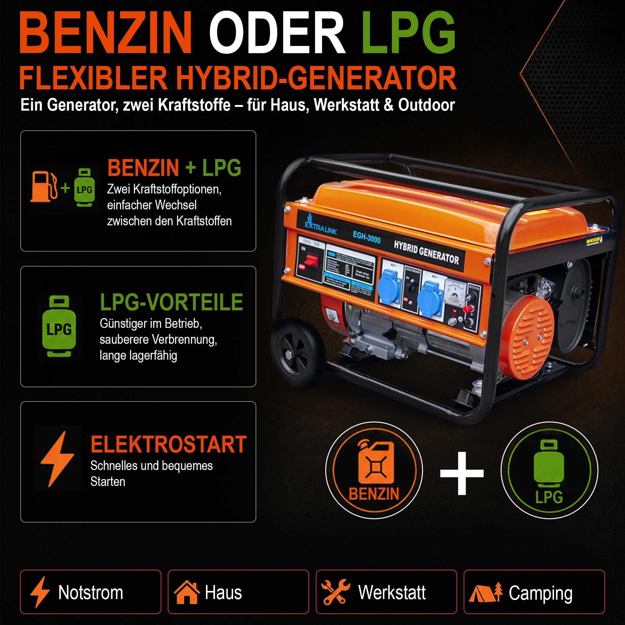 extralink-egh-3000-stromerzeuger-3000w-benzin-gas-230v-mobil image 2