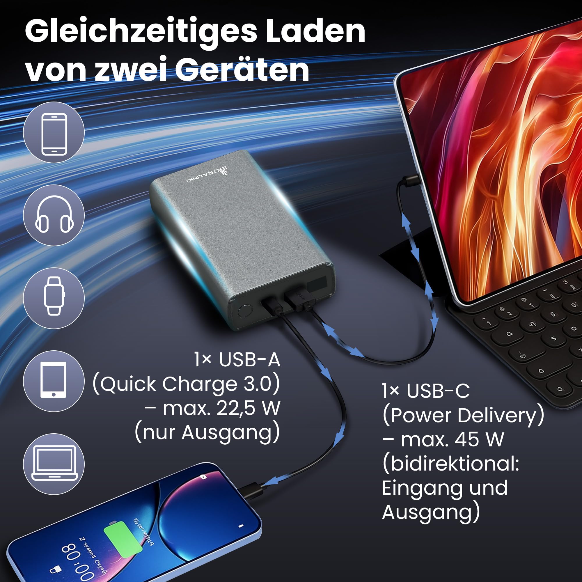 extralink-powerbank-20000mah-45w-pd-usb-c-silber-alu image 3