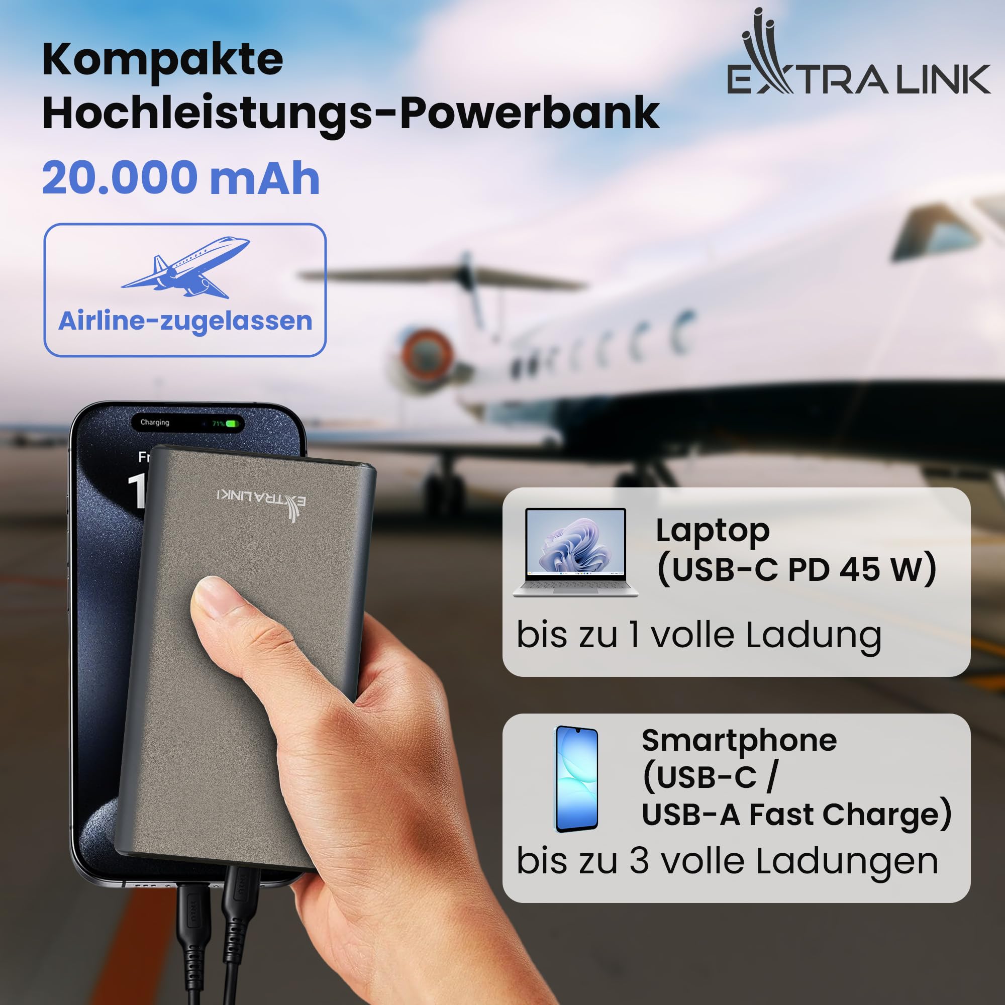 extralink-powerbank-20000mah-45w-pd-usb-c-silber-alu image 2