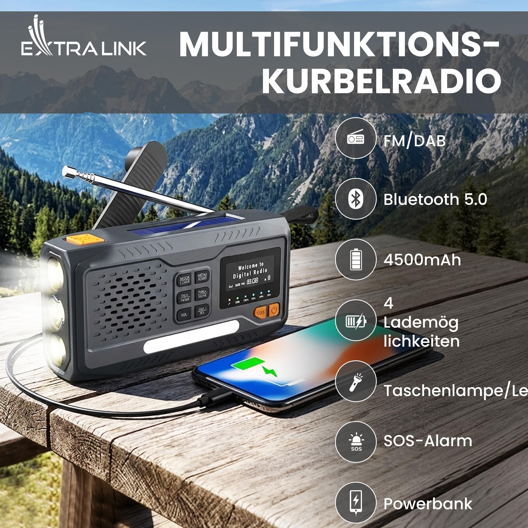extralink-notfallradio-solar-kurbel-dab-fm-bluetooth-4500mah image 2