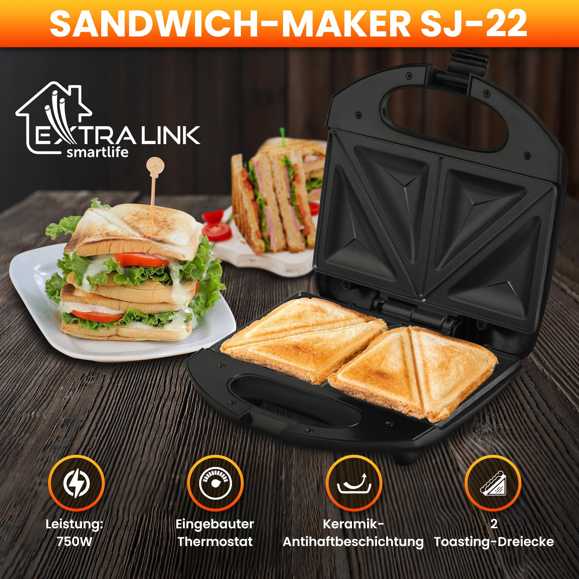 extralink-sj-22-sandwichmaker-750w-antihaft-dreieckstoast image 2